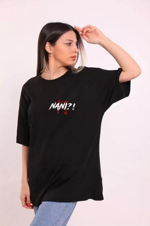Unisex Bisiklet Yaka Baskılı Oversize T-Shirt - Siyah - Image 1