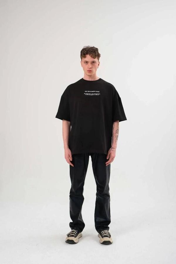 Unisex Bisiklet Yaka Baskılı Oversize T-Shirt - Siyah - Image 1