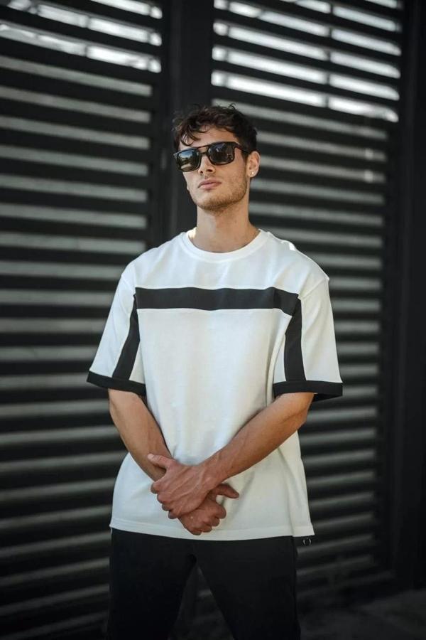 Unisex Yandan Fermuarlı Parçalı T-Shirt - Beyaz - Image 1