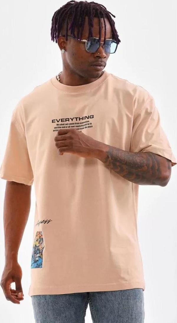 Unisex Bisiklet Yaka Baskılı Oversize T-Shirt - Bej - Image 1