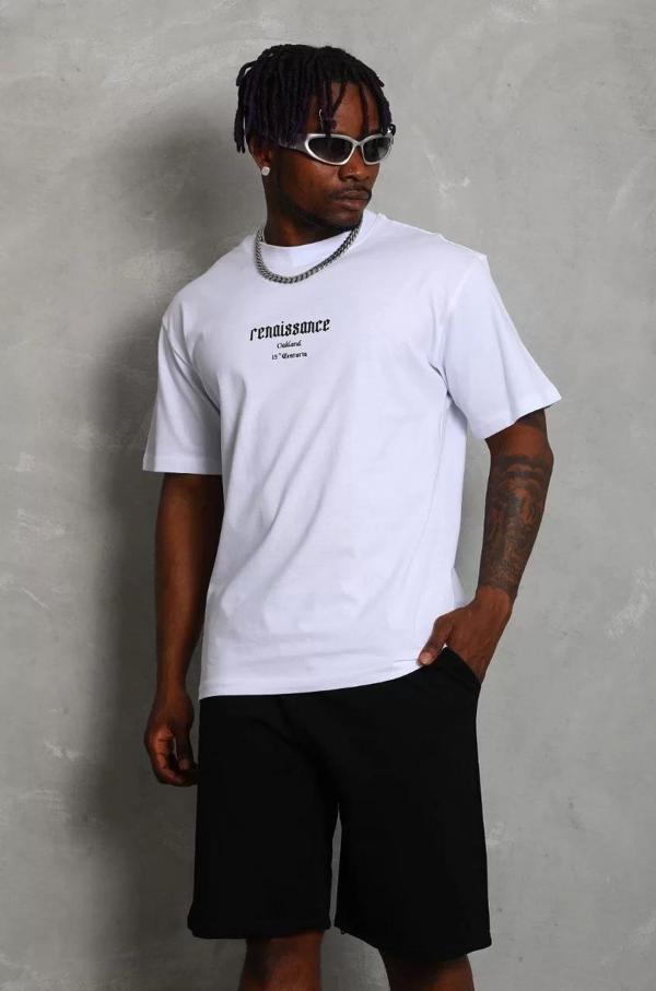 Unisex Oversize Baskılı Bisiklet Yaka T-Shirt - Beyaz - Image 1