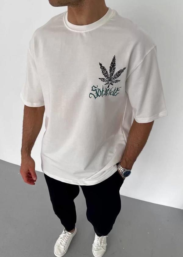 Unisex Bisiklet Yaka Baskılı Oversize T-Shirt - Beyaz - Image 1