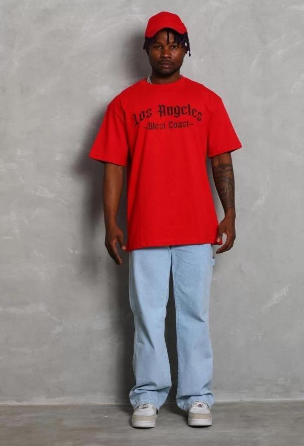 Unisex Oversize Baskılı Bisiklet Yaka T-Shirt - Kırmızı - Image 1