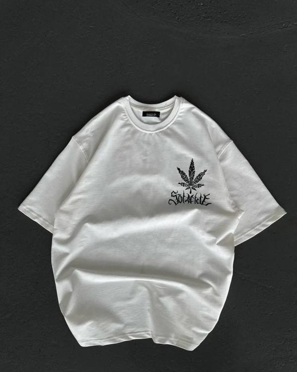 Unisex Bisiklet Yaka Baskılı Oversize T-Shirt - Beyaz - Image 1