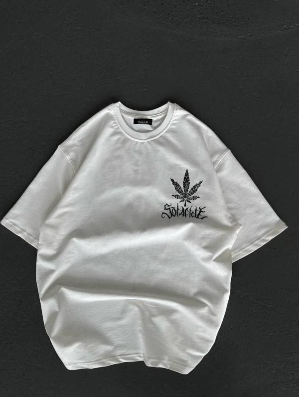 Unisex Bisiklet Yaka Baskılı Oversize T-Shirt - Beyaz - Image 1
