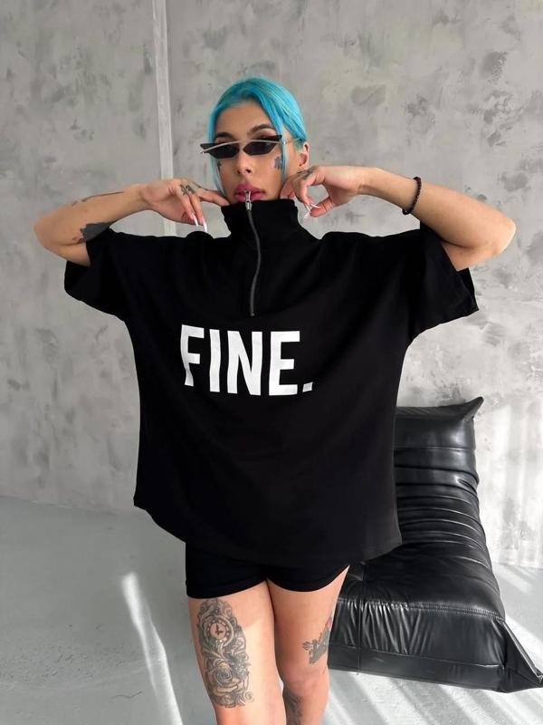Unisex Baskılı Yarım Fermuarlı T-Shirt - Siyah - Image 1