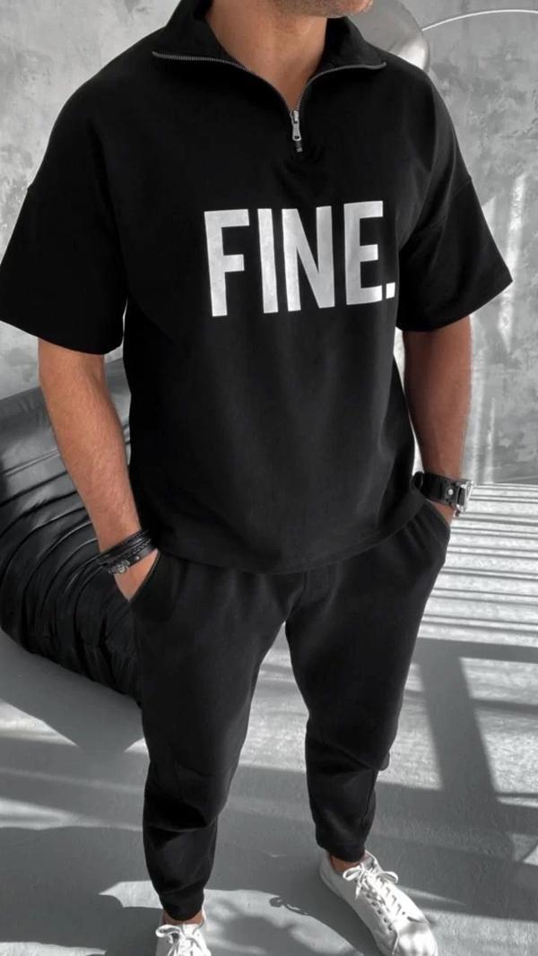 Unisex Baskılı Yarım Fermuarlı T-Shirt - Siyah - Image 1