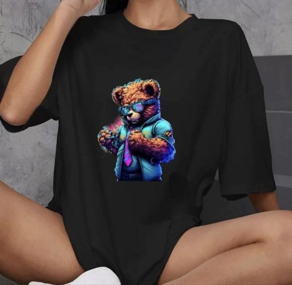 Unisex Bisiklet Yaka Baskılı Oversize T-Shirt - Siyah - Image 1