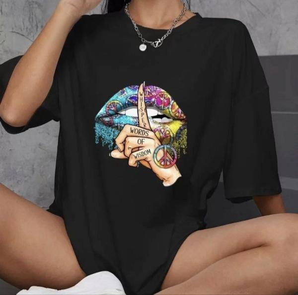 Unisex Bisiklet Yaka Baskılı Oversize T-Shirt - Siyah - Image 1