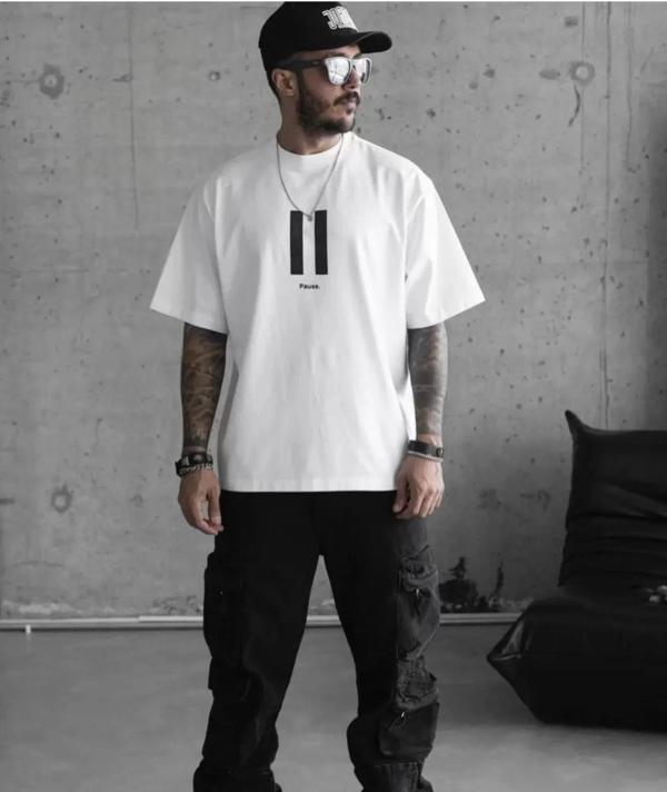 Unisex Bisiklet Yaka Baskılı Oversize T-Shirt - Beyaz - Image 1