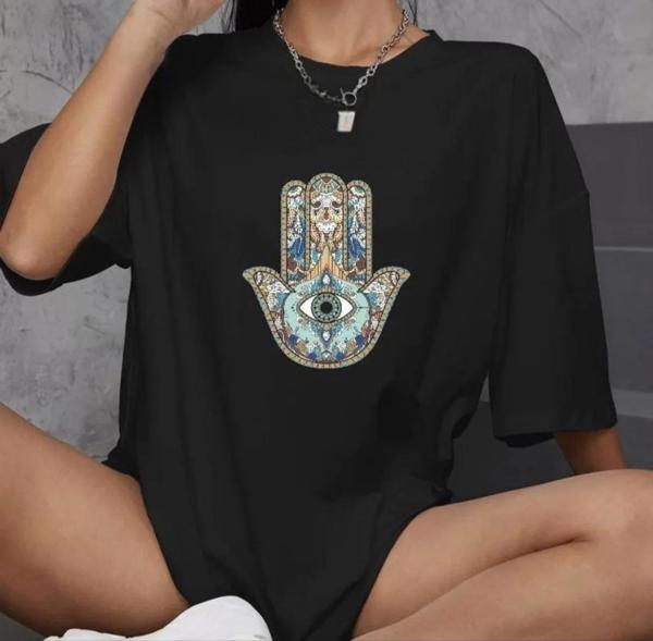 Unisex Bisiklet Yaka Baskılı Oversize T-Shirt - Siyah - Image 1