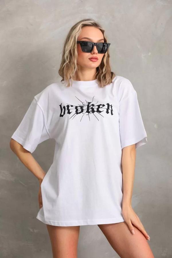 Unisex Baskılı Oversize T-Shirt - Beyaz - Image 1