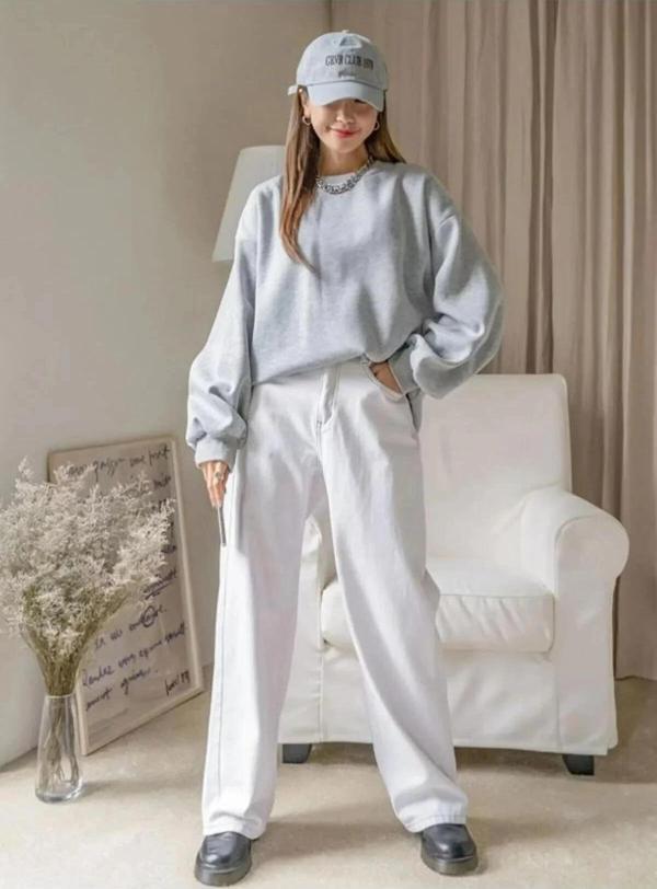 Kadın Düz Bisiklet Yaka Sweat - Gri - Image 1