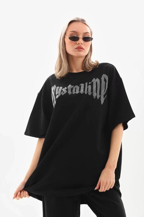 Unisex Taş Desenli Oversize T-Shirt - Beyaz - Image 1
