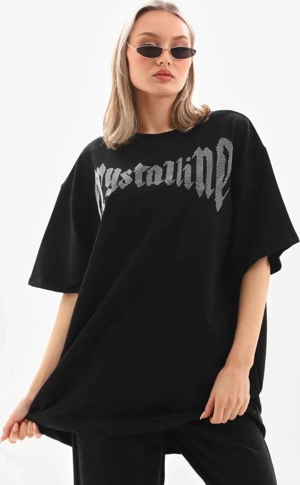 Unisex Taş Desenli Oversize T-Shirt - Beyaz - Image 1