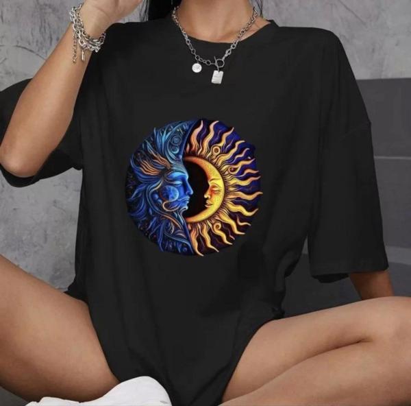 Unisex Bisiklet Yaka Baskılı Oversize T-Shirt - Siyah - Image 1