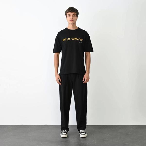 Unisex Bisiklet Yaka Baskılı Oversize T-Shirt - Siyah - Image 1