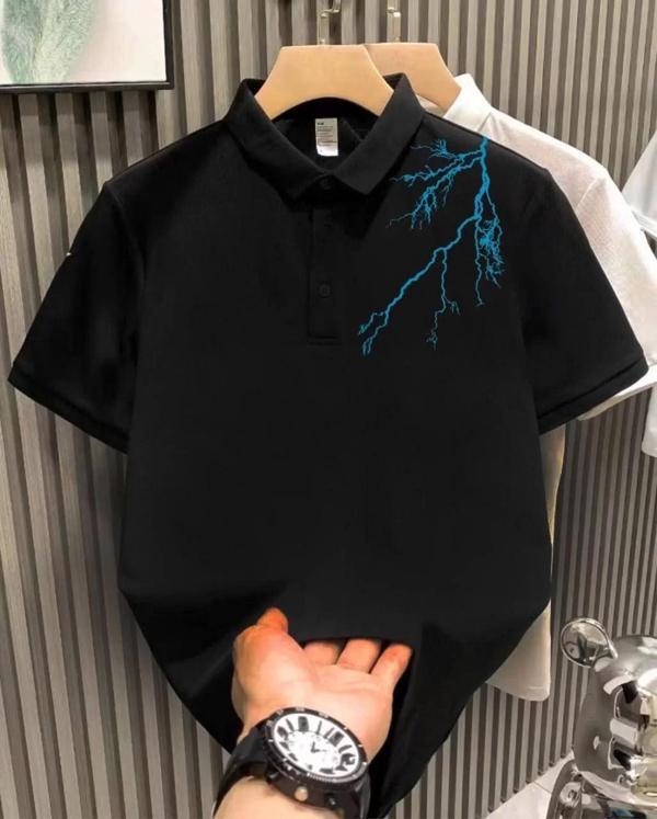 Unisex Yakası Düğmeli Oversize Baskılı T-Shirt - Siyah - Image 1