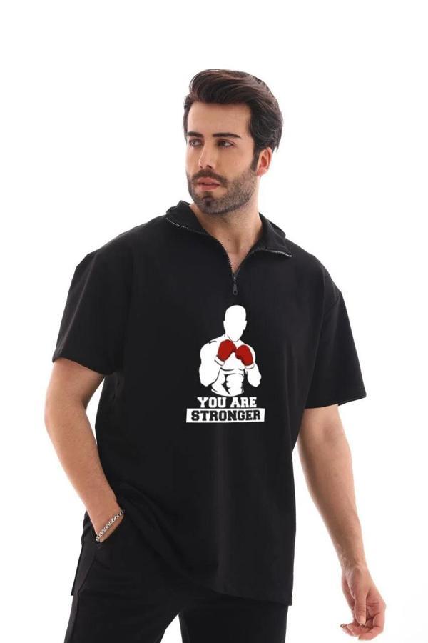 Unisex Yarım Fermuarlı Oversize Baskılı T-Shirt - Siyah - Image 1