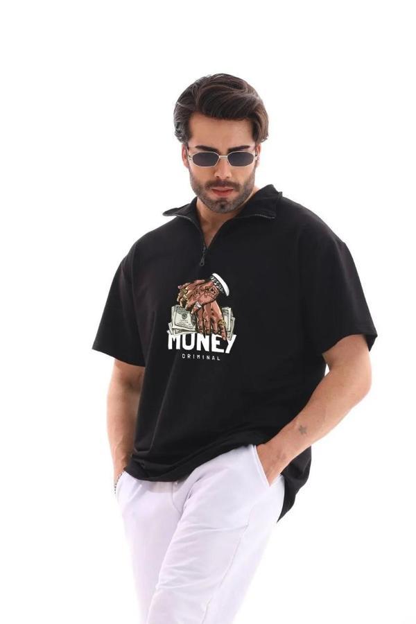 Unisex Yarım Fermuarlı Oversize Baskılı T-Shirt - Siyah - Image 1