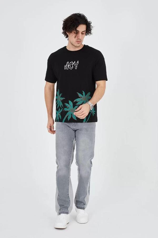 Erkek Baskılı Bisiklet Yaka T-Shirt - Siyah - Image 1