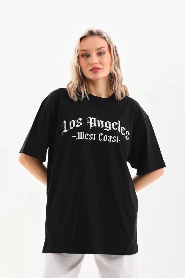 Unisex Baskılı Oversize T-Shirt - Siyah - Image 1