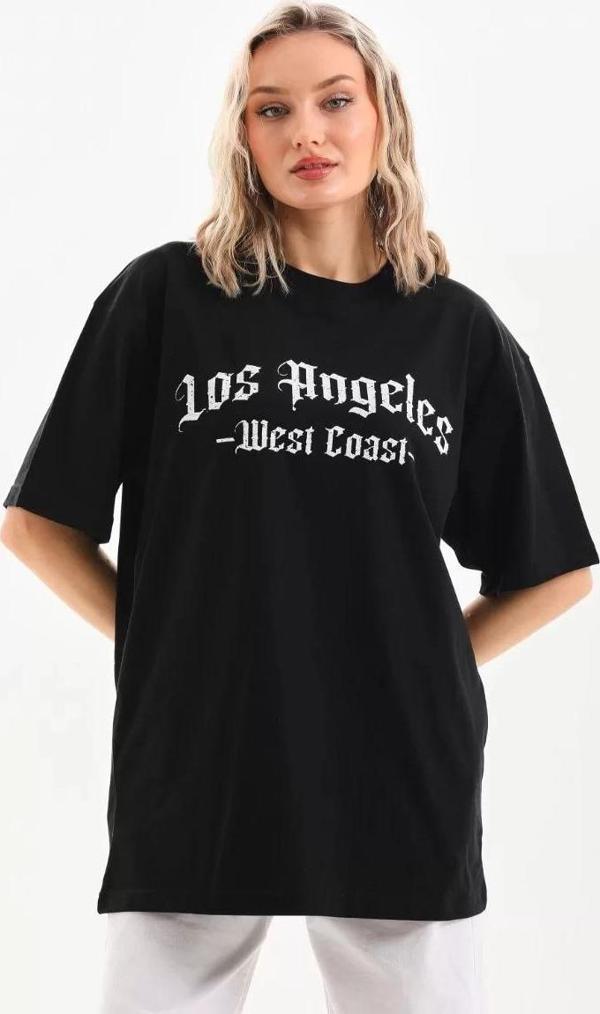 Unisex Baskılı Oversize T-Shirt - Siyah - Image 1