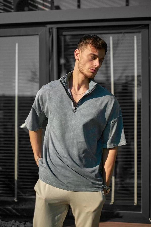 Unisex Yarım Fermuarlı Yıkamalı T-Shirt - Gri - Image 1