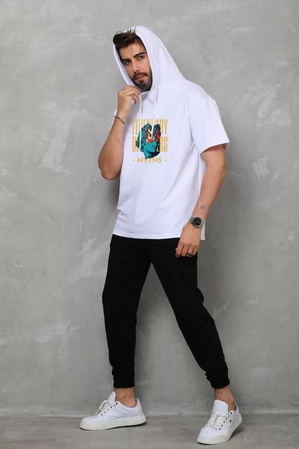 Unisex Kapşonlu Kolsuz Oversize Baskılı Tişört - Beyaz - Image 1