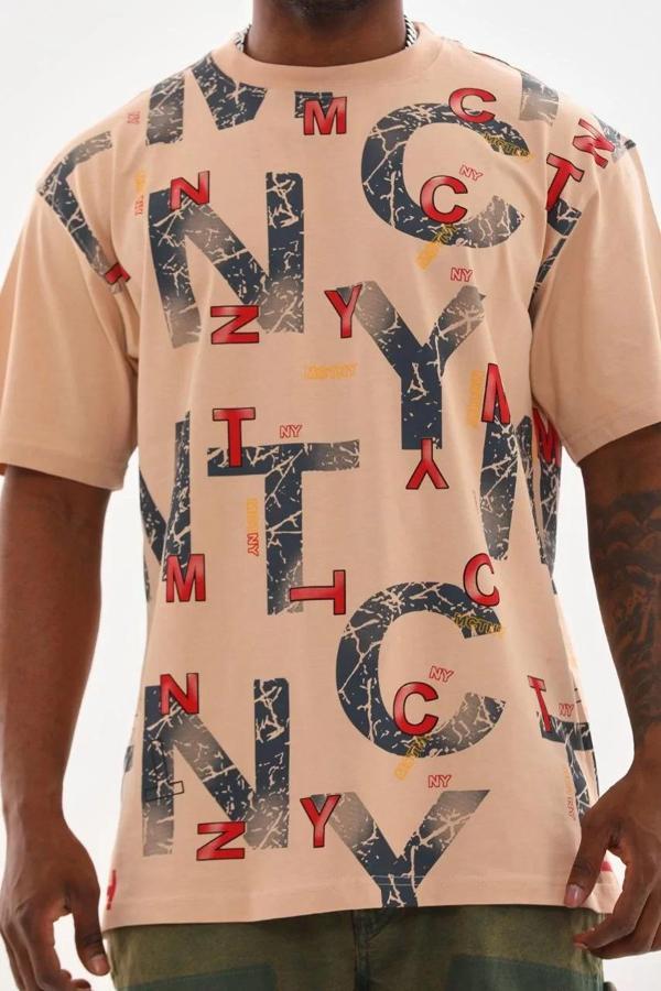 Unisex Baskılı Oversize T-Shirt - Bej - Image 1