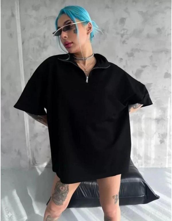 Unisex Yarım Fermuarlı Düz Oversize T-Shirt - Siyah - Image 1