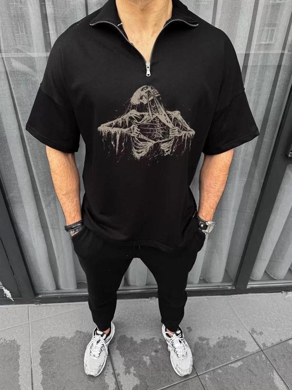 Unisex Yarım Fermuarlı Baskılı Oversize T-Shirt - Siyah - Image 1