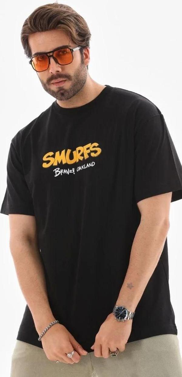 Unisex Bisiklet Yaka Baskılı Oversize T-Shirt - Siyah - Image 1