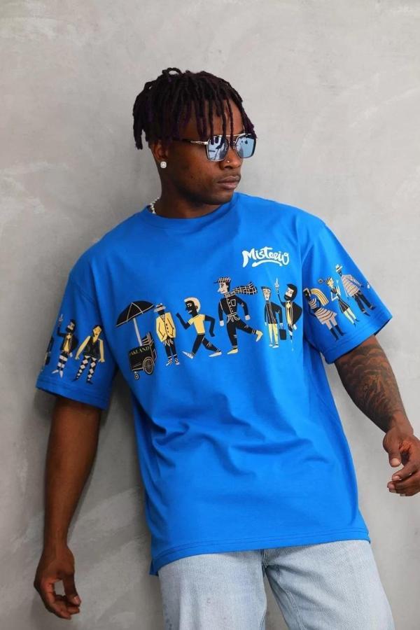 Unisex Bisiklet Yaka Baskılı Oversize T-Shirt - Mavi - Image 1