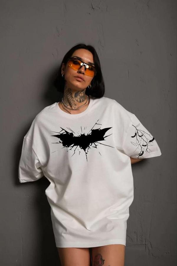 Unisex Ön ve Kol Baskılı Oversize T-shirt - Beyaz - Image 1