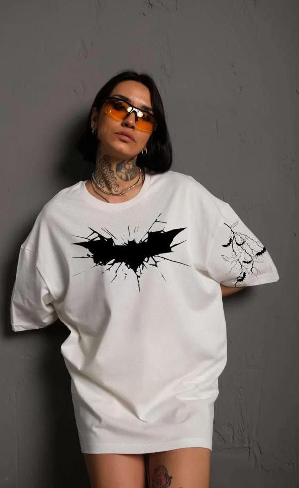 Unisex Ön ve Kol Baskılı Oversize T-shirt - Beyaz - Image 1