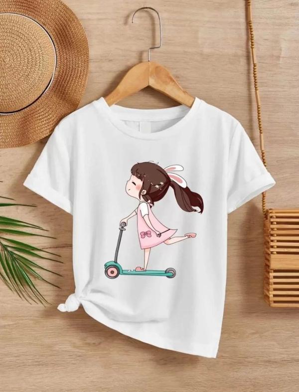 Kız Çocuk Bisiklet Yaka Baskılı T-Shirt - Beyaz - Image 1