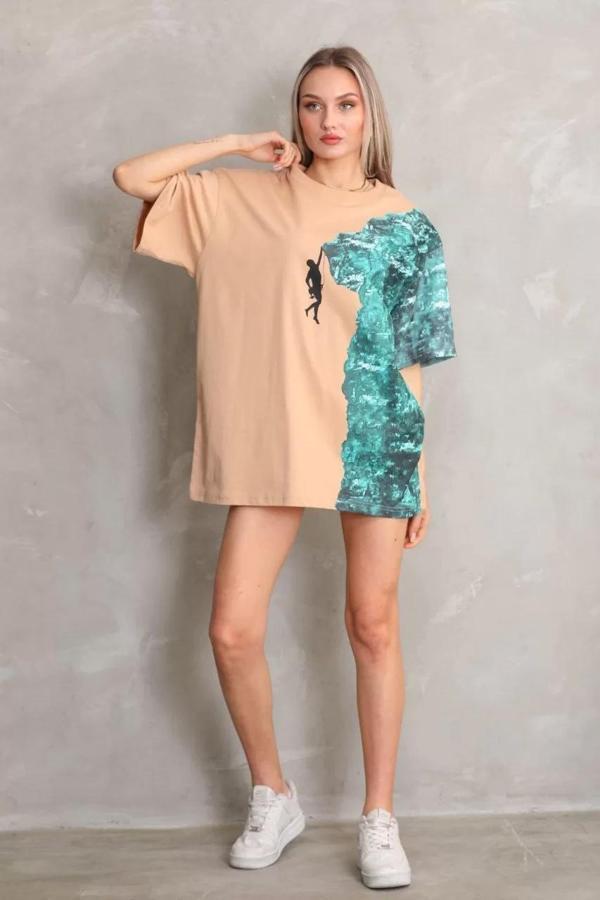 Unisex Bisiklet Yaka Baskılı Oversize T-Shirt - Bej - Image 1