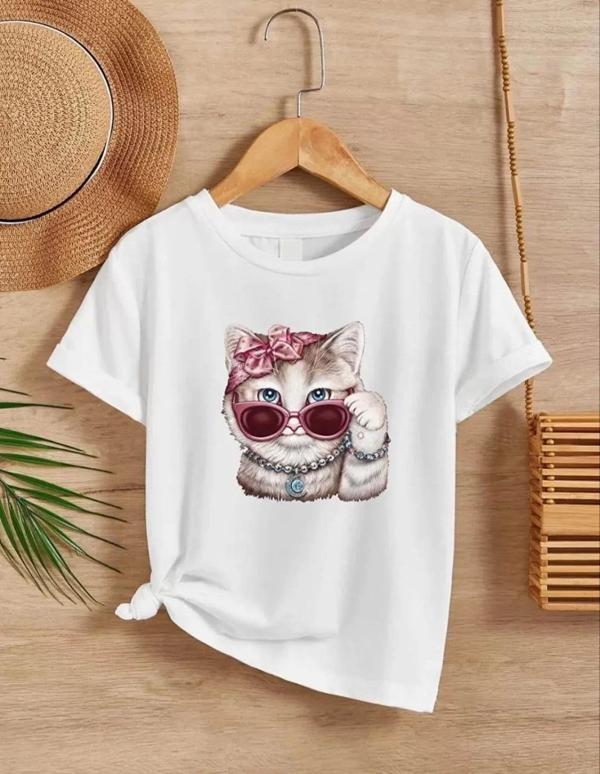 Kız Çocuk Bisiklet Yaka Baskılı T-Shirt - Beyaz - Image 1