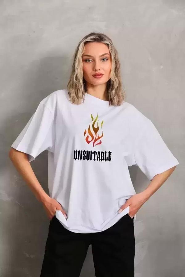 Unisex Bisiklet Yaka Baskılı Oversize T-Shirt - Beyaz - Image 1