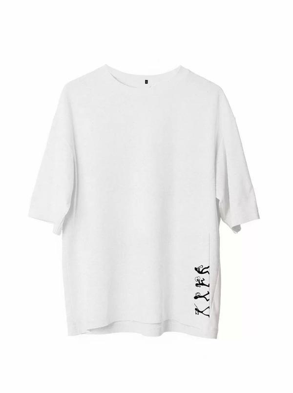 Unisex Bisiklet Yaka Baskılı Oversize T-Shirt - Beyaz - Image 1