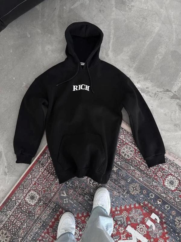 Uzun Kol Kapüşonlu Göğüs Baskılı SweatShirt - Siyah - Image 1