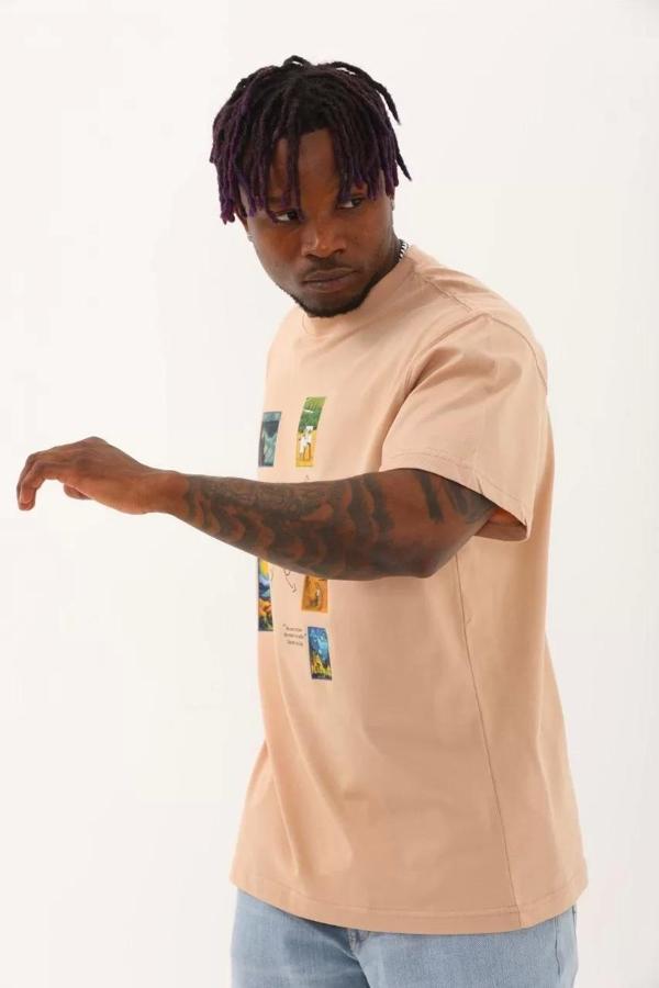 Unisex Oversize Baskılı Bisiklet Yaka T-Shirt - Bej - Image 1