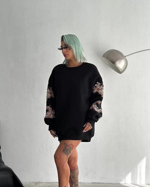 Kadın Bisiklet Yaka Baskılı SweatShirt - Siyah - Image 1
