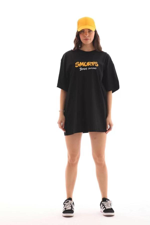 Unisex Bisiklet Yaka Baskılı Oversize T-Shirt - Siyah - Image 1