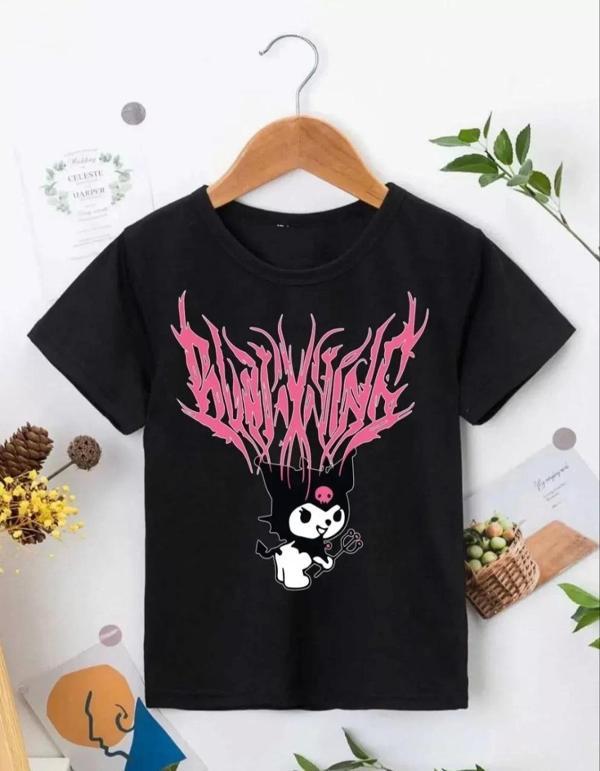 Kız Çocuk Bisiklet Yaka Baskılı T-Shirt - Siyah - Image 1