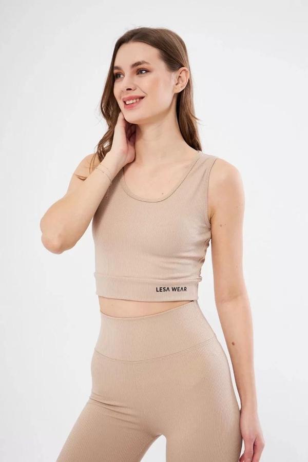 Kadın Fitilli Baskılı Crop - Bej - Image 1