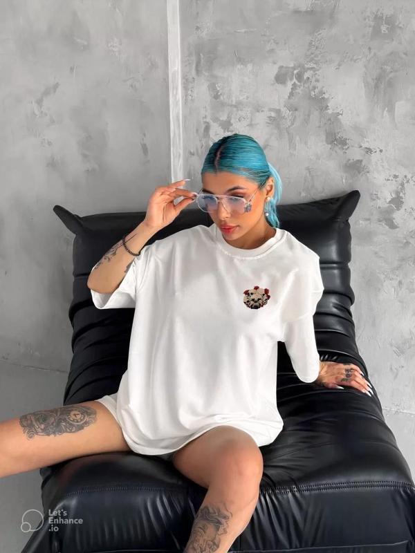 Unisex Bisiklet Yaka Baskılı Oversize T-Shirt - Beyaz - Image 1