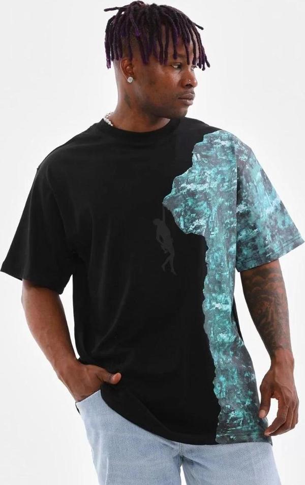 Unisex Bisiklet Yaka Baskılı Oversize T-Shirt - Siyah - Image 1