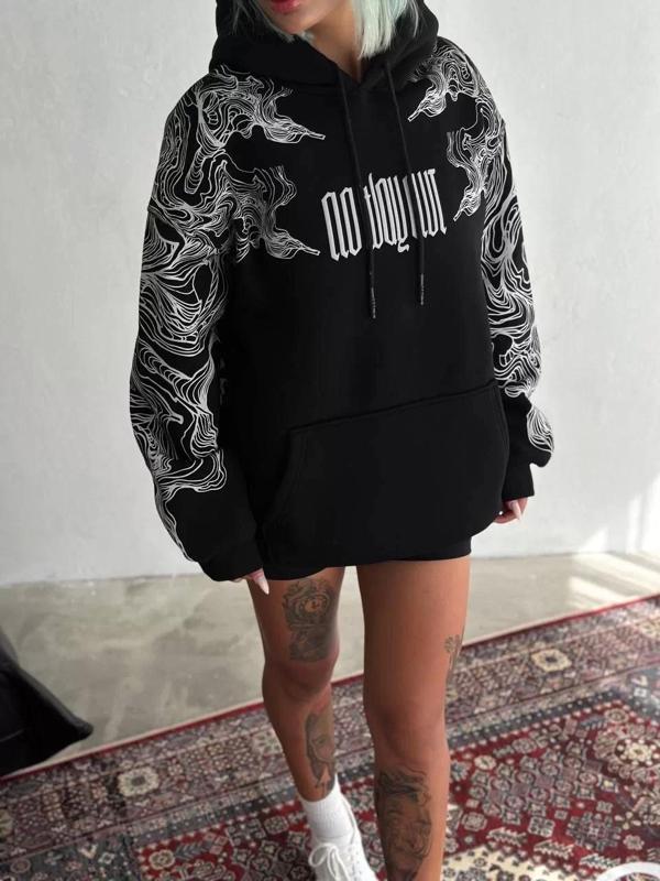 Kışlık Üç İplik Baskılı Kapşonlu SweatShirt - Siyah - Image 1